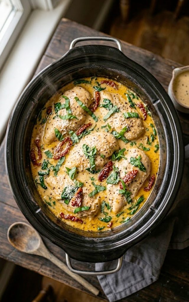 Creamy crockpot Tuscan chicken breasts in a rich garlic Parmesan cream sauce with sun-dried tomatoes and fresh spinach in a white slow cooker bowl garnished with fresh basil