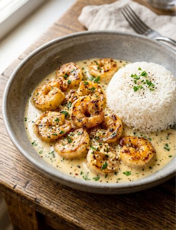 A gray bowl filled with juicy garlic butter shrimp in a rich creamy sauce served alongside fluffy white rice garnished with fresh parsley and cracked black pepper on a wooden surface