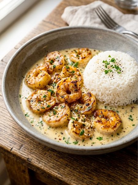 A gray bowl filled with juicy garlic butter shrimp in a rich creamy sauce served alongside fluffy white rice garnished with fresh parsley and cracked black pepper on a wooden surface