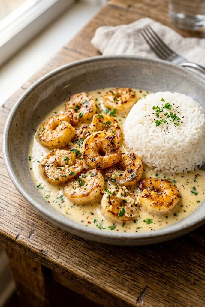 A gray bowl filled with juicy garlic butter shrimp in a rich creamy sauce served alongside fluffy white rice garnished with fresh parsley and cracked black pepper on a wooden surface