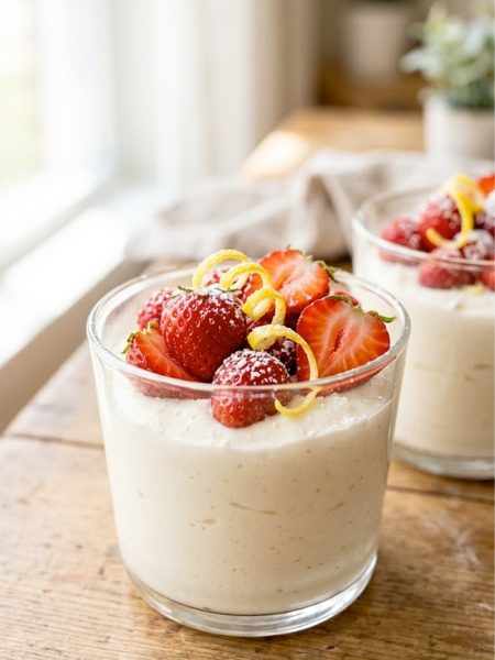 Creamy keto lemon cheesecake mousse served in a clear glass topped with fresh strawberries and lemon zest curls on a rustic wooden table
