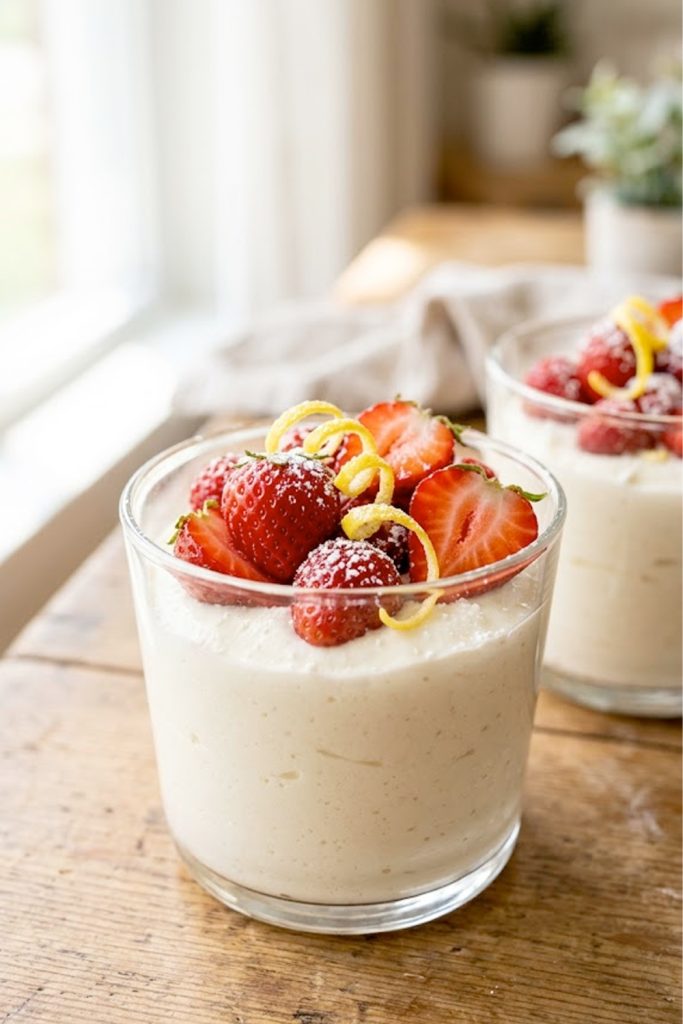 Creamy keto lemon cheesecake mousse served in a clear glass topped with fresh strawberries and lemon zest curls on a rustic wooden table