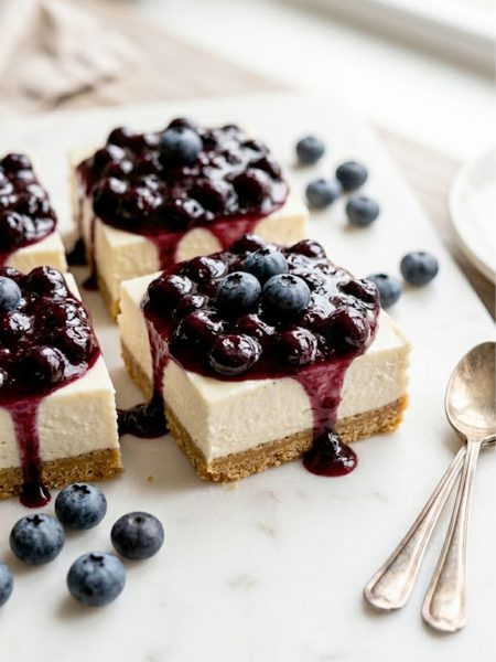 Creamy no bake keto cheesecake bars with blueberry compote topping on a white serving plate