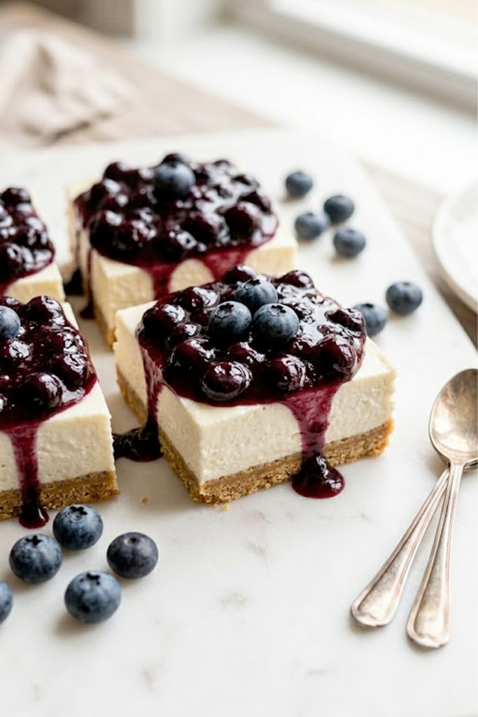 Creamy no bake keto cheesecake bars with blueberry compote topping on a white serving plate