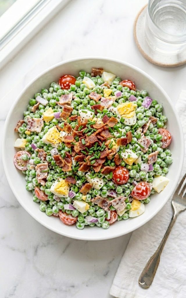 A large white ceramic bowl of creamy pea salad with bacon loaded with sweet green peas, crumbled crispy bacon, chopped hard-boiled eggs, halved cherry tomatoes, and fresh chives tossed in a rich tangy dressing on a white marble surface