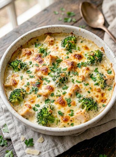 Golden bubbly creamy keto chicken alfredo bake with broccoli and melted mozzarella in a white baking dish garnished with fresh parsley