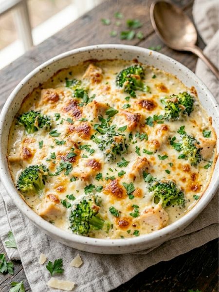 Golden bubbly creamy keto chicken alfredo bake with broccoli and melted mozzarella in a white baking dish garnished with fresh parsley