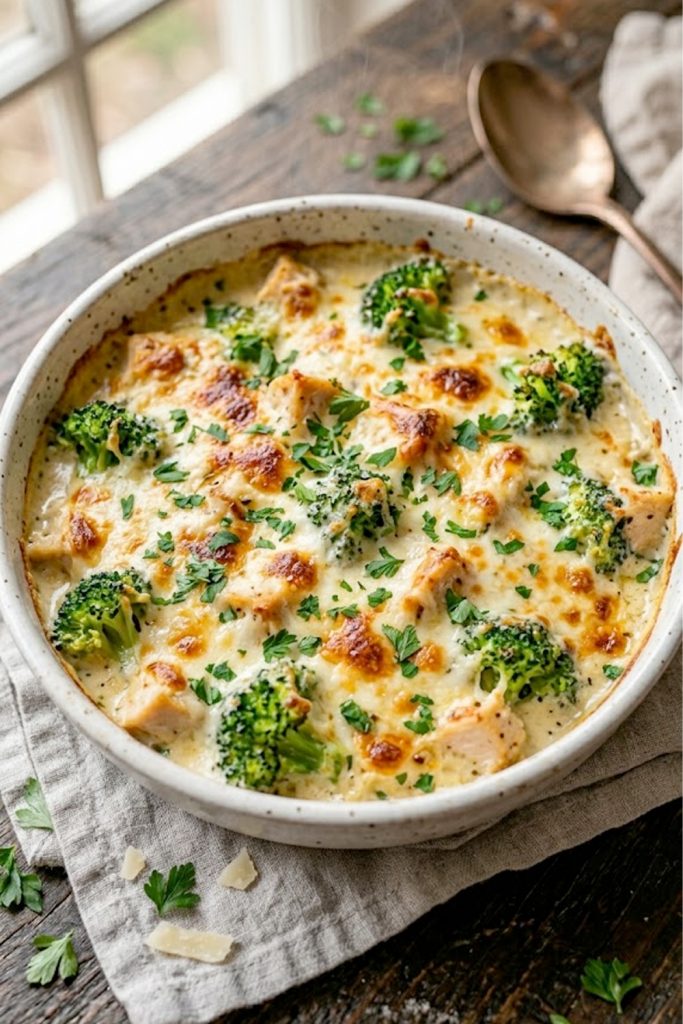 Golden bubbly creamy keto chicken alfredo bake with broccoli and melted mozzarella in a white baking dish garnished with fresh parsley