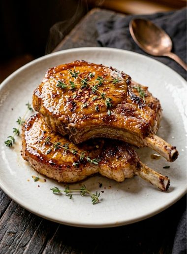 Crispy air fryer pork chops glazed with sticky honey sauce stacked on a white plate garnished with fresh thyme and red pepper flakes