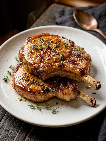 Crispy air fryer pork chops glazed with sticky honey sauce stacked on a white plate garnished with fresh thyme and red pepper flakes