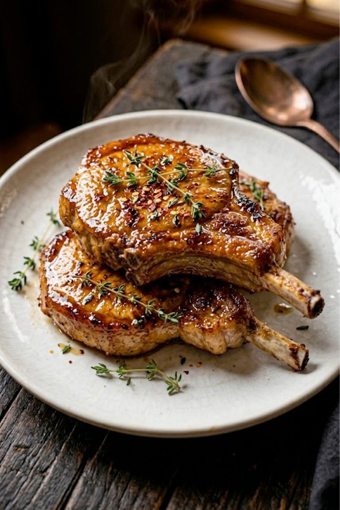 Crispy air fryer pork chops glazed with sticky honey sauce stacked on a white plate garnished with fresh thyme and red pepper flakes