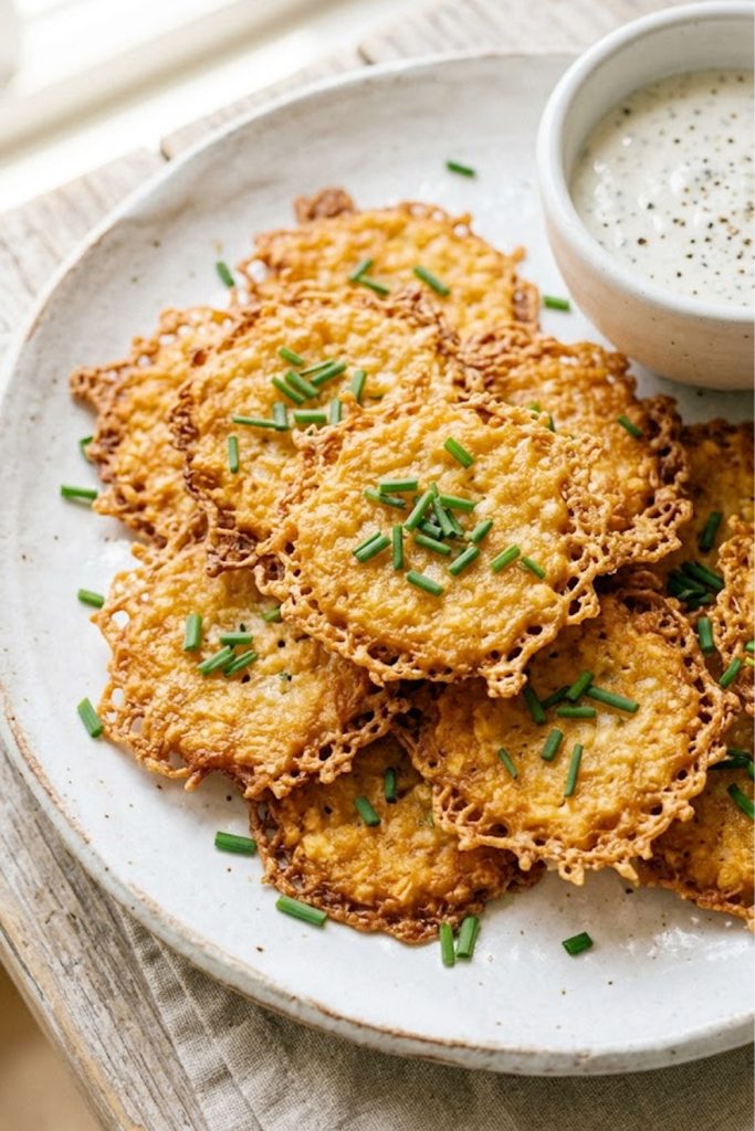 Golden crispy baked cottage cheese chips arranged on a white plate garnished with fresh chives, with a small bowl of creamy white dipping sauce in the background, on a rustic wooden surface