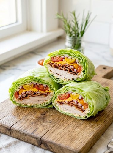 Two crispy keto turkey club lettuce wraps sliced in half on a wooden cutting board showing layers of turkey, bacon, cheddar, tomato and creamy spread