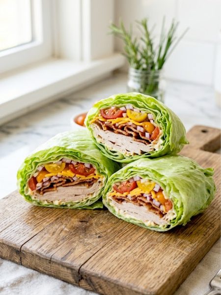 Two crispy keto turkey club lettuce wraps sliced in half on a wooden cutting board showing layers of turkey, bacon, cheddar, tomato and creamy spread