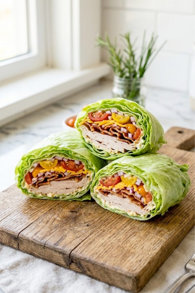 Two crispy keto turkey club lettuce wraps sliced in half on a wooden cutting board showing layers of turkey, bacon, cheddar, tomato and creamy spread