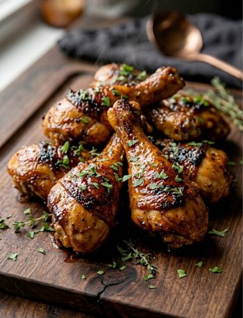 Close up of crispy oven-baked honey garlic chicken legs with deeply caramelized sticky glaze piled on a dark wooden serving board garnished with fresh thyme and parsley