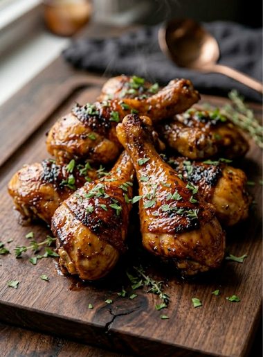 Close up of crispy oven-baked honey garlic chicken legs with deeply caramelized sticky glaze piled on a dark wooden serving board garnished with fresh thyme and parsley