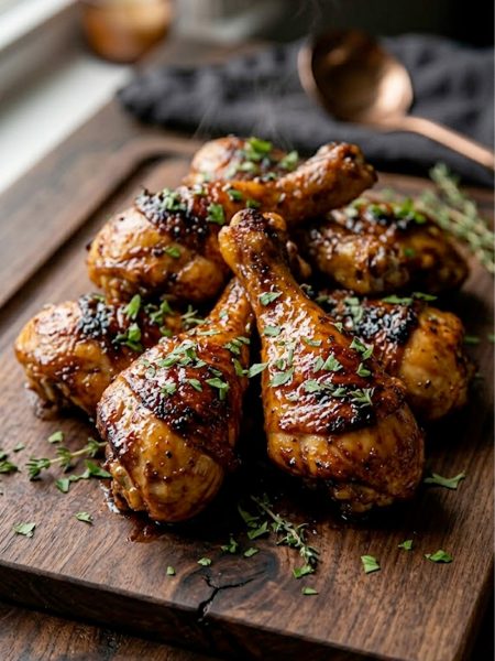 Close up of crispy oven-baked honey garlic chicken legs with deeply caramelized sticky glaze piled on a dark wooden serving board garnished with fresh thyme and parsley