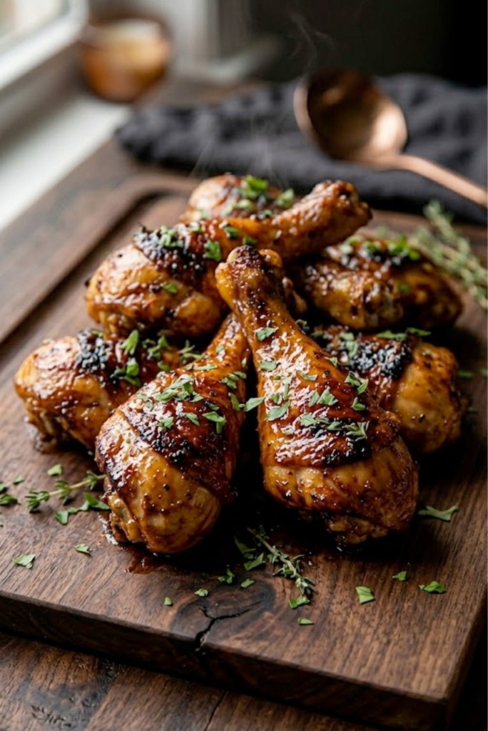 Close up of crispy oven-baked honey garlic chicken legs with deeply caramelized sticky glaze piled on a dark wooden serving board garnished with fresh thyme and parsley