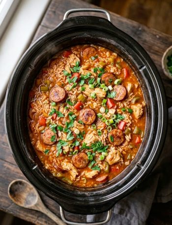 A hearty crockpot chicken jambalaya with tender chicken chunks, smoky andouille sausage slices, red and green bell peppers, and seasoned rice in a black slow cooker garnished with fresh parsley and green onions