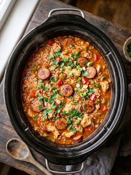 A hearty crockpot chicken jambalaya with tender chicken chunks, smoky andouille sausage slices, red and green bell peppers, and seasoned rice in a black slow cooker garnished with fresh parsley and green onions