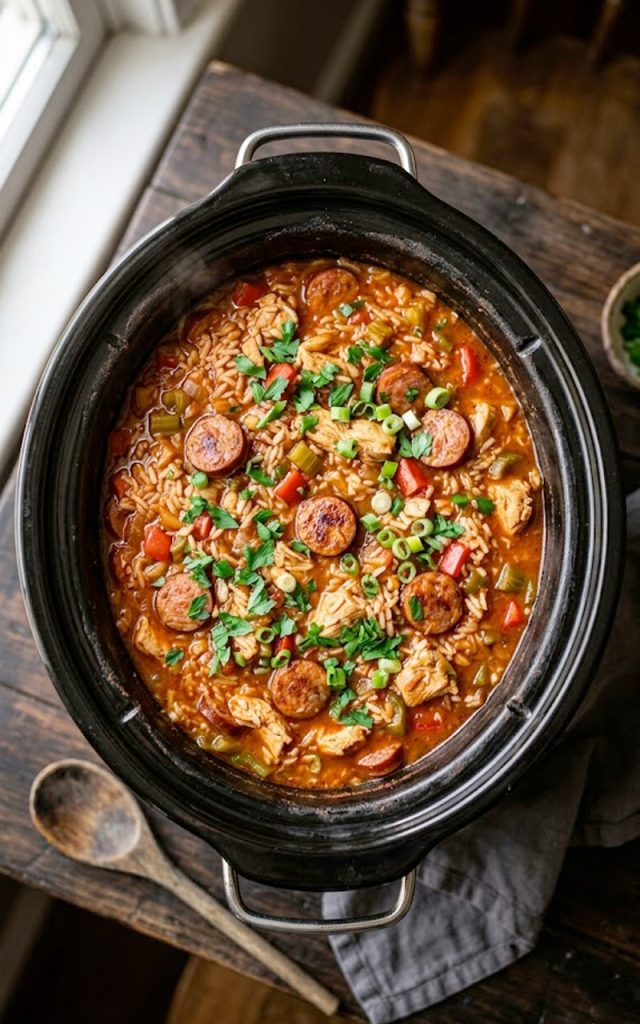 A hearty crockpot chicken jambalaya with tender chicken chunks, smoky andouille sausage slices, red and green bell peppers, and seasoned rice in a black slow cooker garnished with fresh parsley and green onions