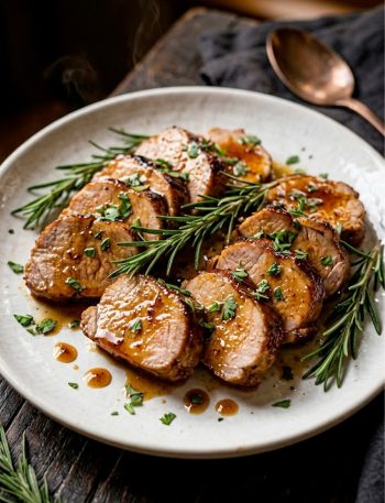 Crockpot brown sugar pork tenderloin sliced into medallions on a rustic white plate with herbs and brown sugar glaze drizzled on top