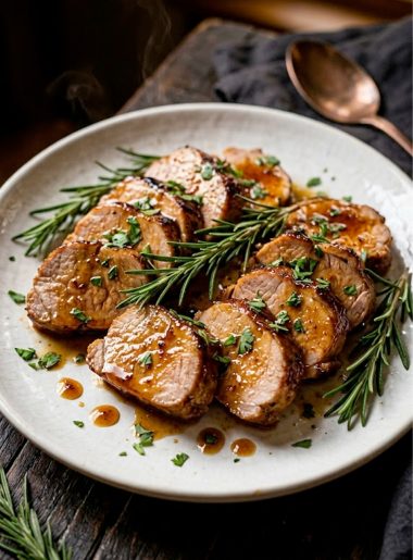Crockpot brown sugar pork tenderloin sliced into medallions on a rustic white plate with herbs and brown sugar glaze drizzled on top