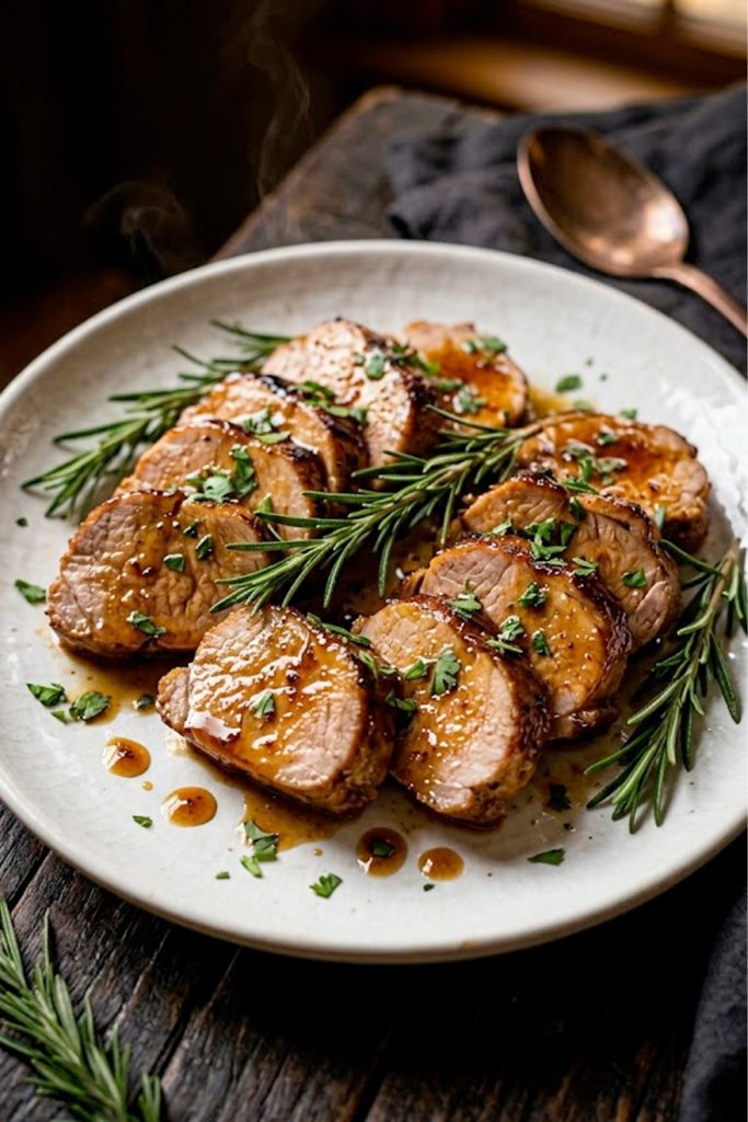 Crockpot brown sugar pork tenderloin sliced into medallions on a rustic white plate with herbs and brown sugar glaze drizzled on top