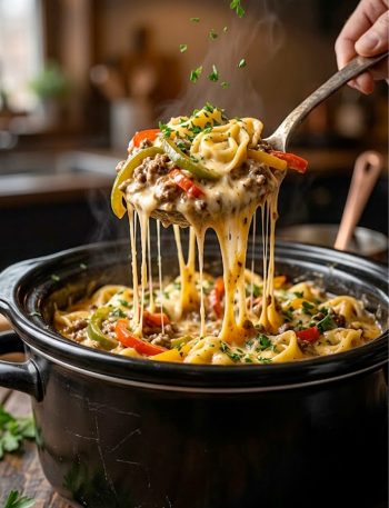 A close-up of crockpot cheesesteak tortellini being lifted with a spoon showing melted cheese, ground beef, bell peppers, and cheese-filled tortellini in a rich creamy sauce