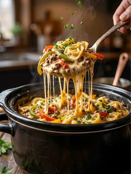 A close-up of crockpot cheesesteak tortellini being lifted with a spoon showing melted cheese, ground beef, bell peppers, and cheese-filled tortellini in a rich creamy sauce