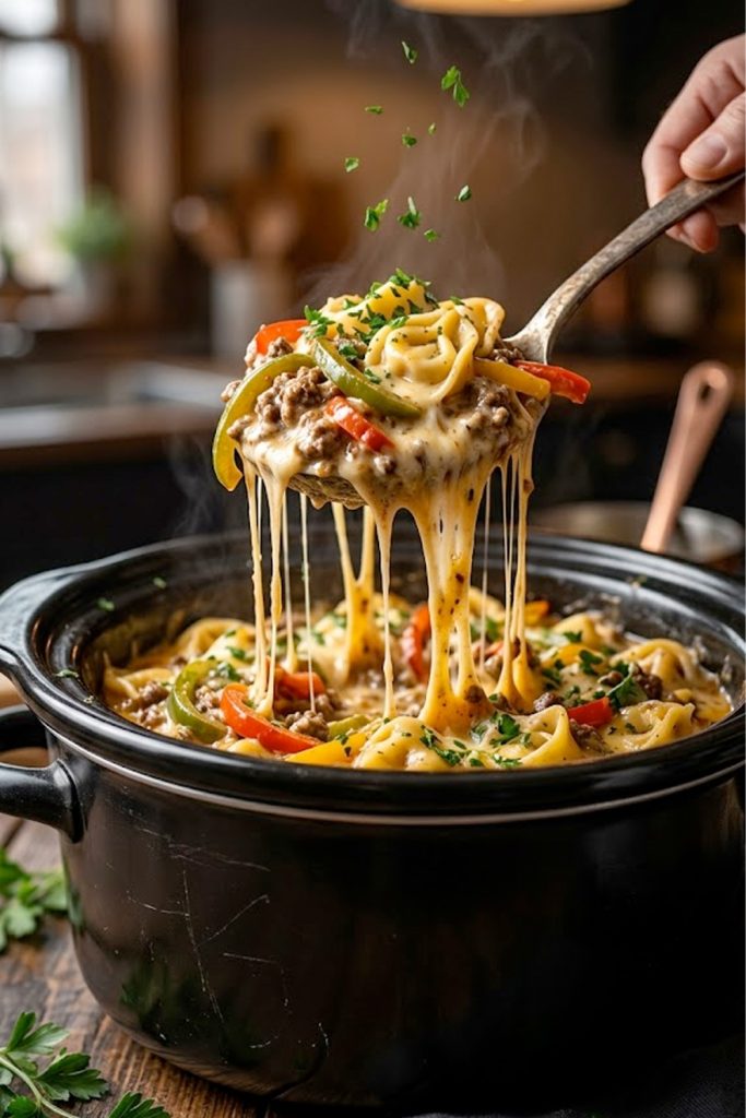 A close-up of crockpot cheesesteak tortellini being lifted with a spoon showing melted cheese, ground beef, bell peppers, and cheese-filled tortellini in a rich creamy sauce