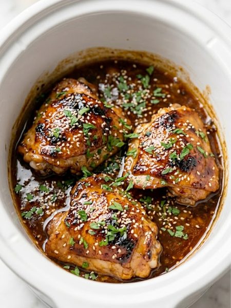 Overhead view of bone-in skin-on chicken thighs in a white crockpot insert coated in deep caramelized honey garlic sauce garnished with sesame seeds and fresh parsley