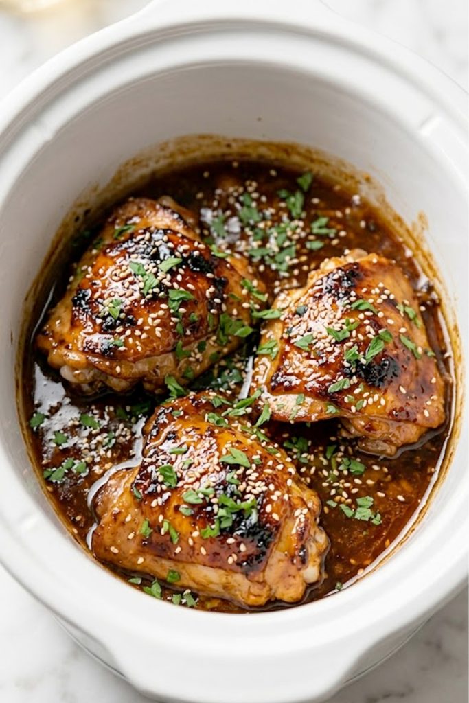 Overhead view of bone-in skin-on chicken thighs in a white crockpot insert coated in deep caramelized honey garlic sauce garnished with sesame seeds and fresh parsley