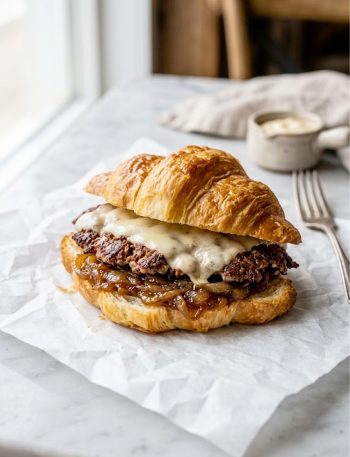 A golden toasted croissant smash burger with melted cheese and caramelized onions on parchment paper