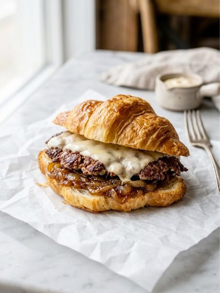 A golden toasted croissant smash burger with melted cheese and caramelized onions on parchment paper