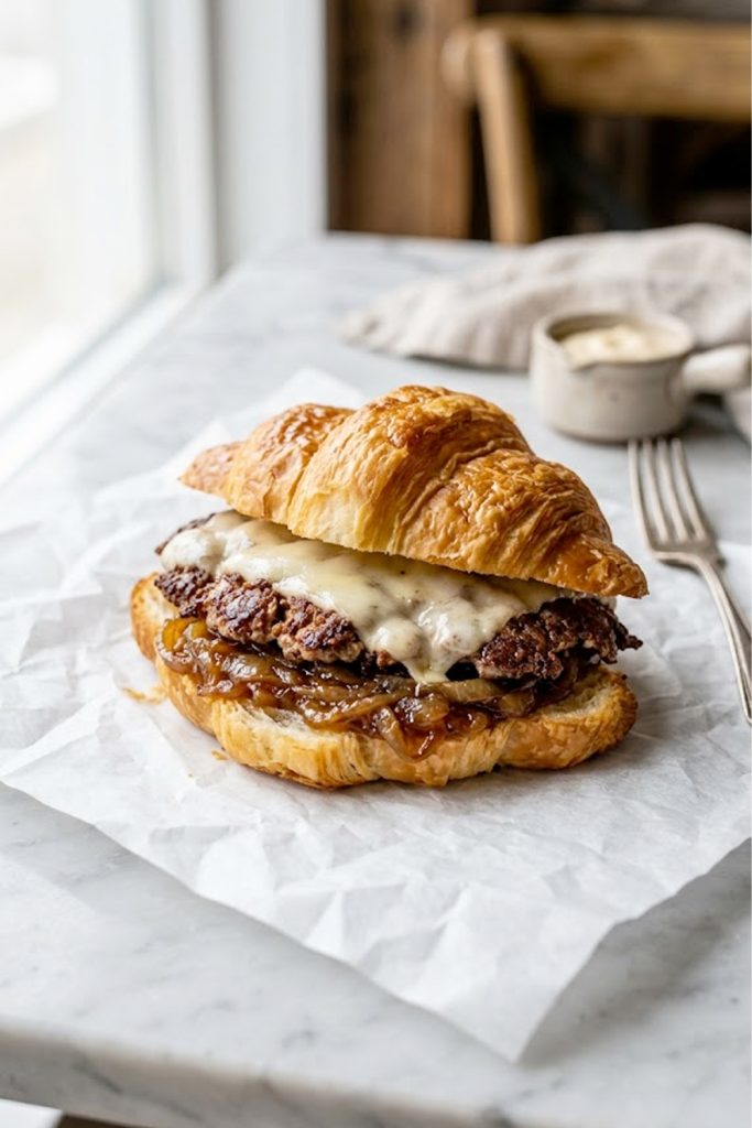 A golden toasted croissant smash burger with melted cheese and caramelized onions on parchment paper