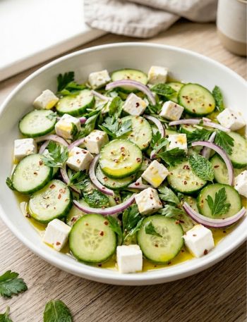 A close-up bowl of fresh cucumber feta salad with chunky feta cubes, fresh herbs, and olive oil dressing