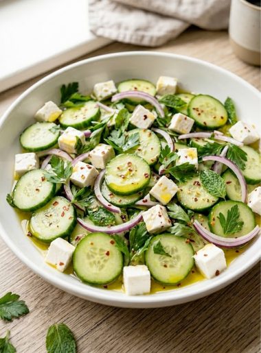 A close-up bowl of fresh cucumber feta salad with chunky feta cubes, fresh herbs, and olive oil dressing
