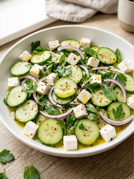 A close-up bowl of fresh cucumber feta salad with chunky feta cubes, fresh herbs, and olive oil dressing