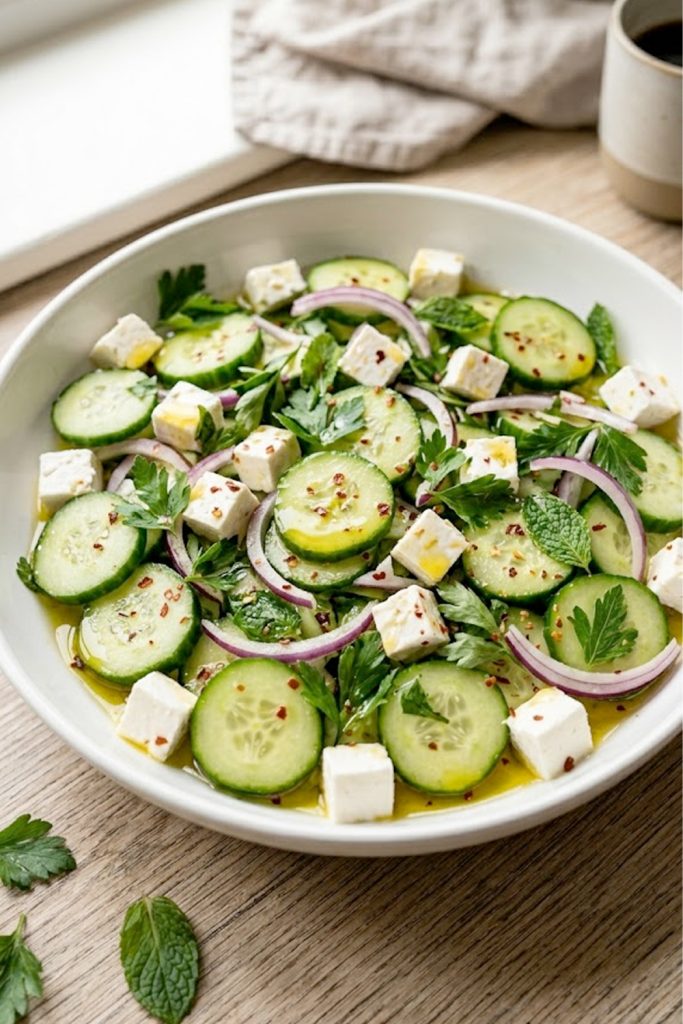 A close-up bowl of fresh cucumber feta salad with chunky feta cubes, fresh herbs, and olive oil dressing