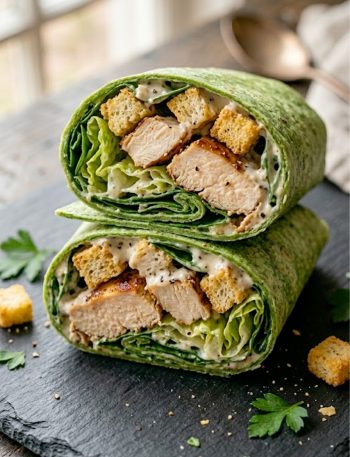A sliced dairy-free chicken Caesar wrap in a green spinach tortilla showing juicy chicken romaine spinach and croutons with creamy vegan Caesar dressing on a dark slate board