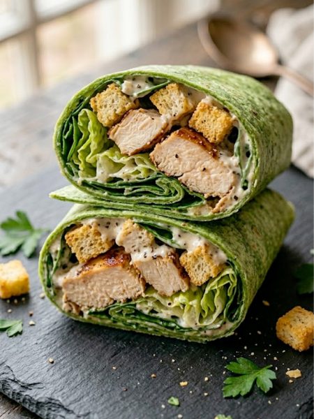 A sliced dairy-free chicken Caesar wrap in a green spinach tortilla showing juicy chicken romaine spinach and croutons with creamy vegan Caesar dressing on a dark slate board