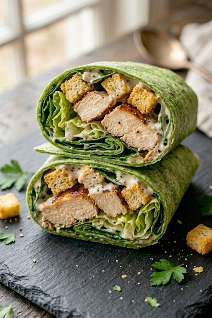 A sliced dairy-free chicken Caesar wrap in a green spinach tortilla showing juicy chicken romaine spinach and croutons with creamy vegan Caesar dressing on a dark slate board