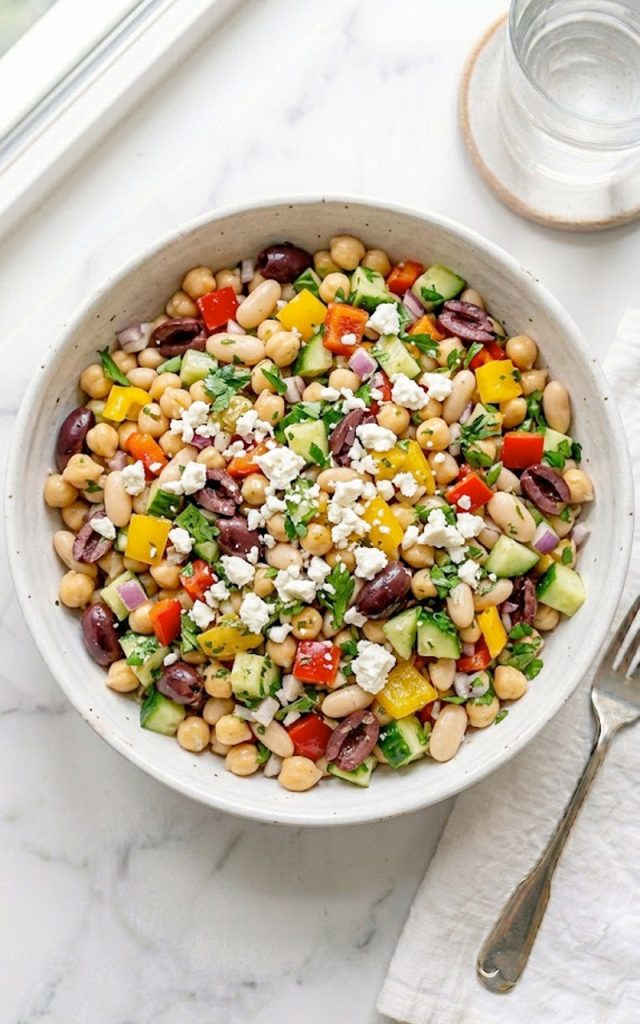 A large white ceramic bowl of dense bean salad loaded with chickpeas, white cannellini beans, black olives, diced red and yellow bell peppers, cucumber, red onion, fresh parsley, and crumbled feta cheese tossed in a bright tangy vinaigrette on a white marble surface