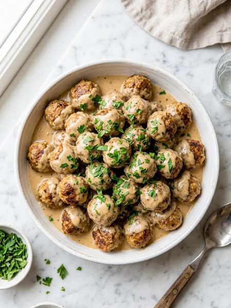 Golden baked Easy Swedish meatballs smothered in a rich creamy sauce garnished with fresh parsley in a white ceramic serving dish