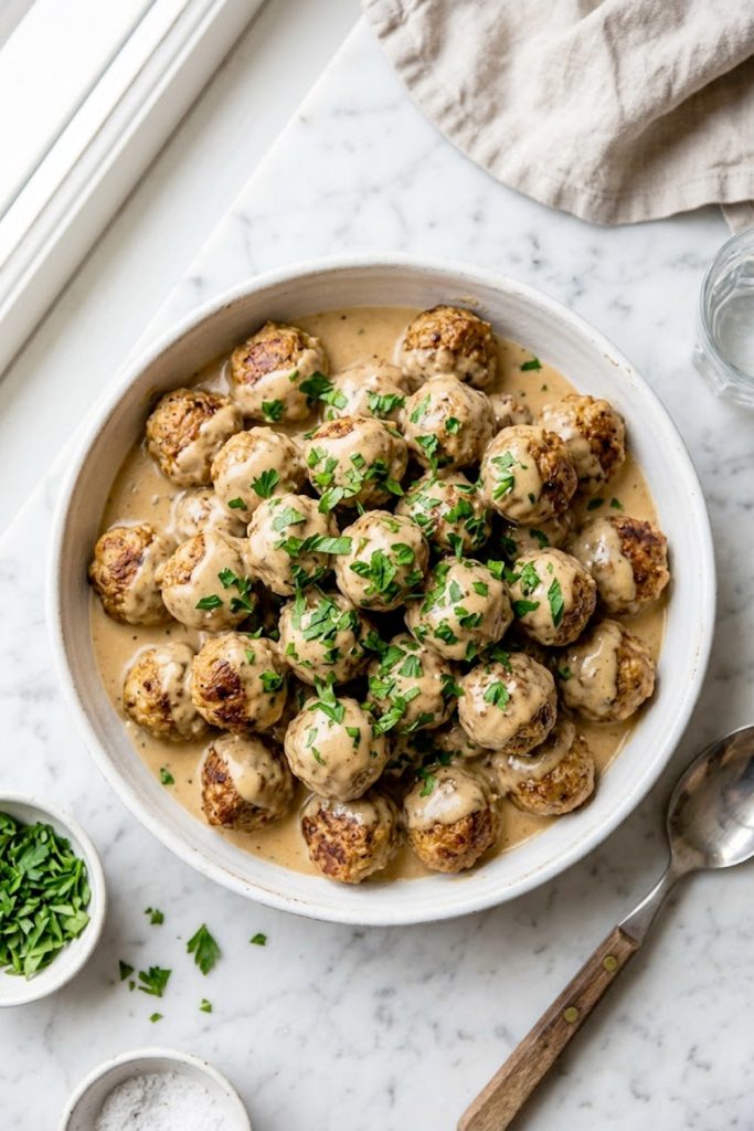 Golden baked Easy Swedish meatballs smothered in a rich creamy sauce garnished with fresh parsley in a white ceramic serving dish