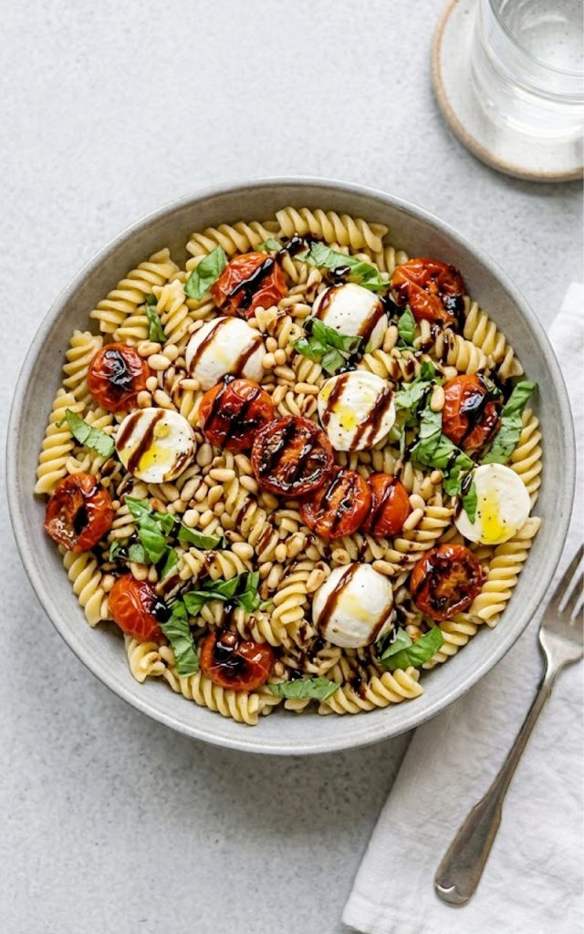 A large gray ceramic bowl filled with easy caprese pasta salad made with rotini pasta roasted cherry tomatoes fresh mozzarella balls pine nuts and fresh basil finished with a stunning balsamic glaze drizzle