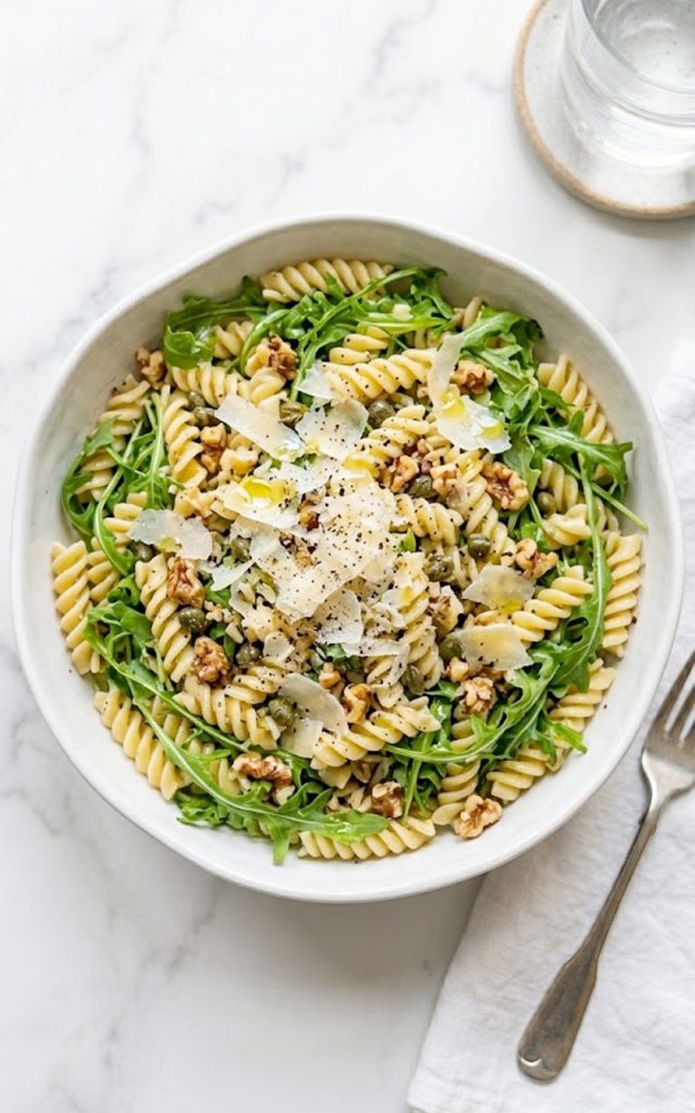 A large white bowl filled with lemon arugula pasta salad made with fusilli pasta fresh peppery arugula capers toasted walnuts and topped with generous shaved parmesan and cracked black pepper