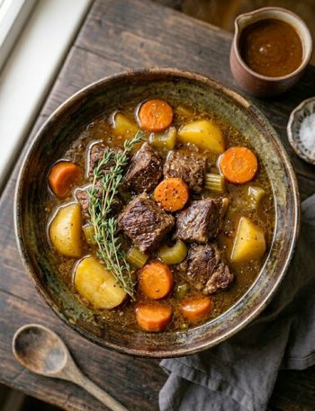 Easy slow cooker beef stew in a rustic ceramic bowl with tender beef chunks, carrots, potatoes and rich brown broth, garnished with fresh thyme